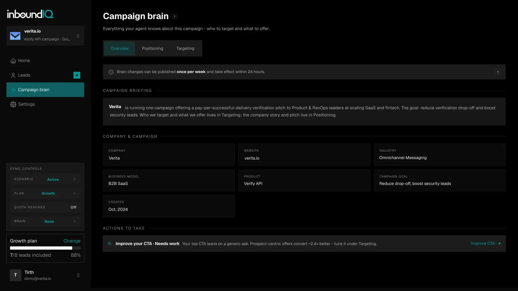 The Campaign brain overview: a written campaign briefing, company and campaign fields for business model, product and goal, a note that brain changes publish once per week and take effect within 24 hours, and an action to improve the CTA.