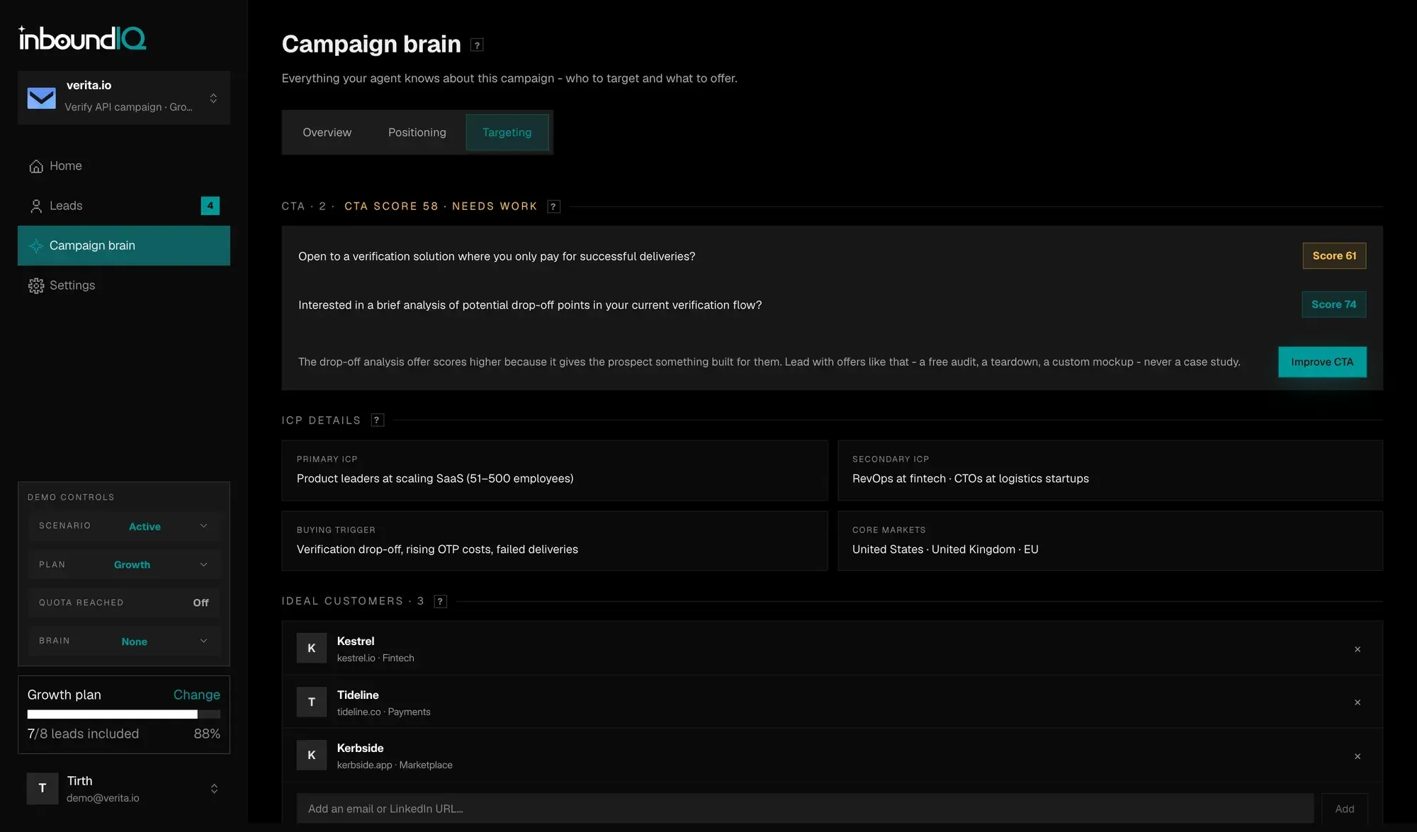 The Campaign brain's targeting tab: two candidate CTAs each with a score and a written explanation of why the stronger one wins, primary and secondary ICPs, buying triggers, core markets, and a list of ideal customers.