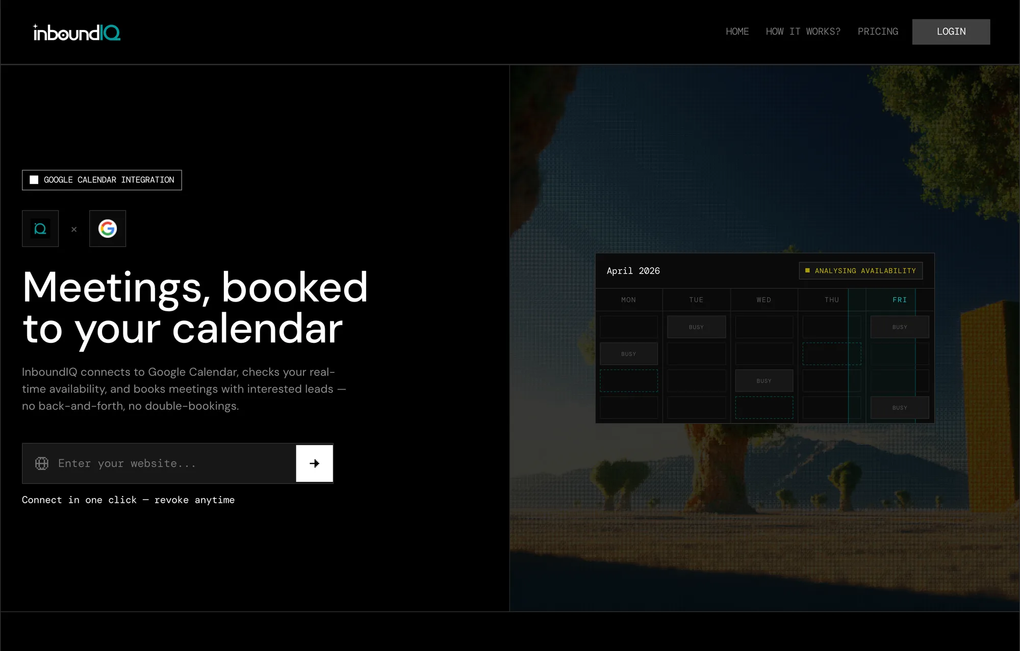 The Google Calendar integration page: the line 'Meetings, booked to your calendar' beside a week grid marking busy slots while it analyses availability.