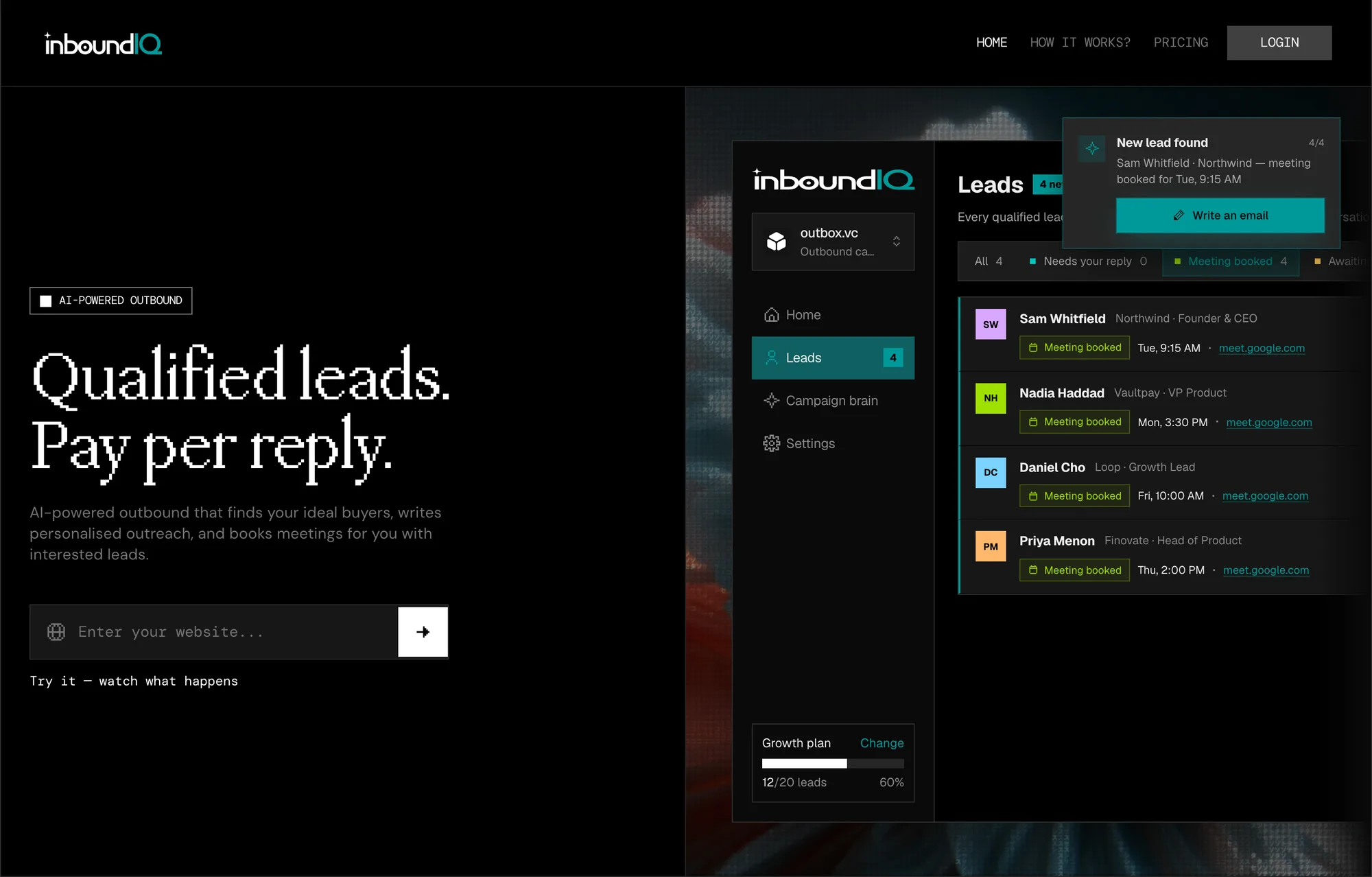 InboundIQ's marketing homepage: the headline 'Qualified leads. Pay per reply.' and a website field on the left, and on the right a live dashboard animation where four leads have booked meetings and a 'New lead found' toast offers to write an email.