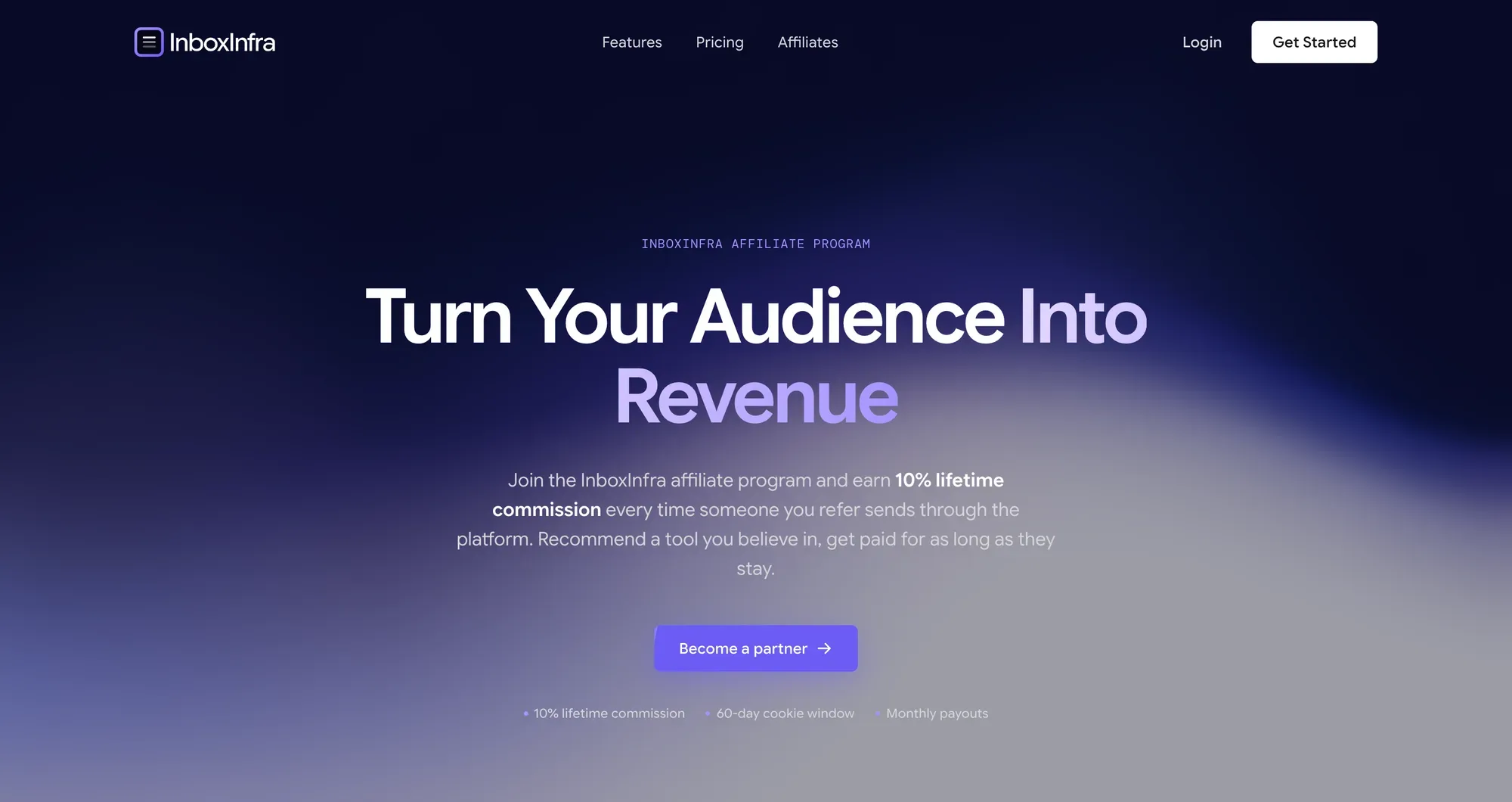 The affiliate program page hero, Turn Your Audience Into Revenue, with the second line in light lavender over the same dark gradient background