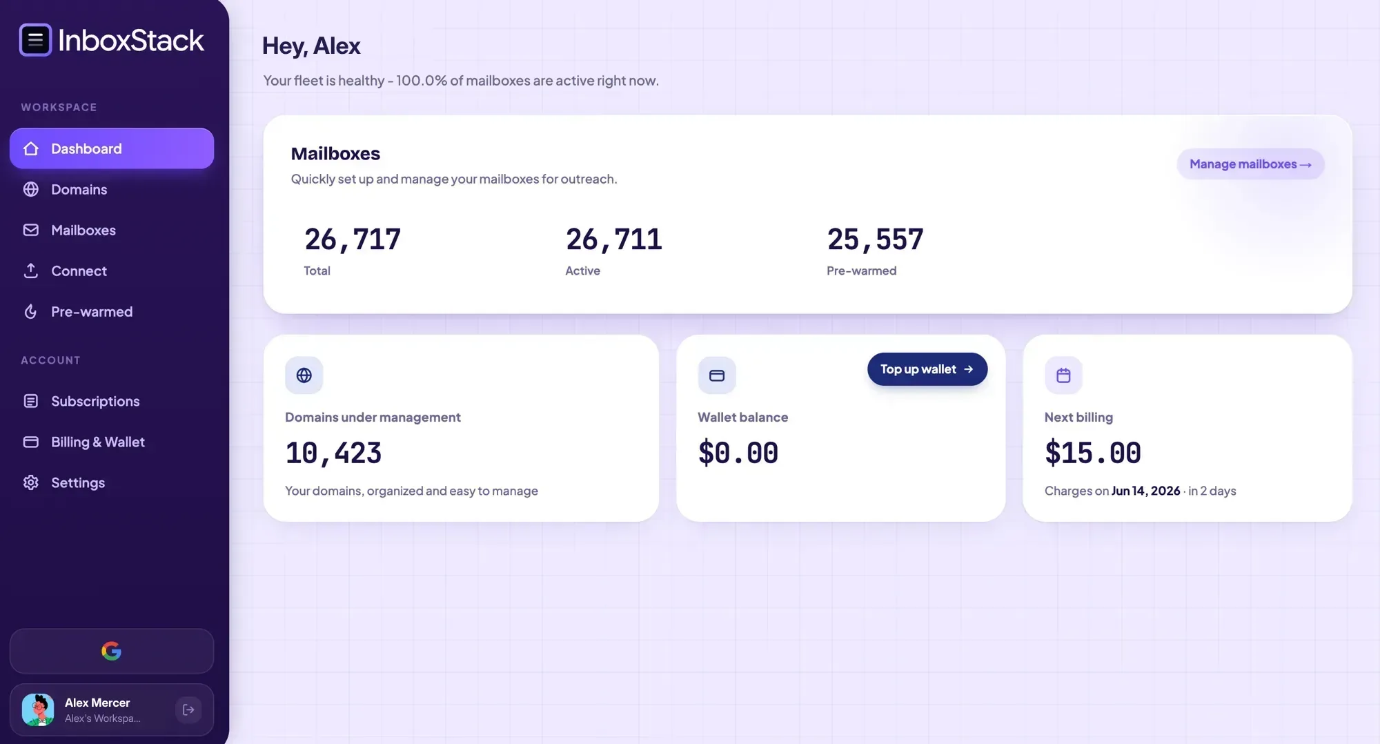 The InboxInfra workspace dashboard: a dark purple sidebar with Dashboard, Domains, Mailboxes, Connect and Pre-warmed, beside mailbox totals, domains under management, wallet balance and next billing cards on a pale lavender field