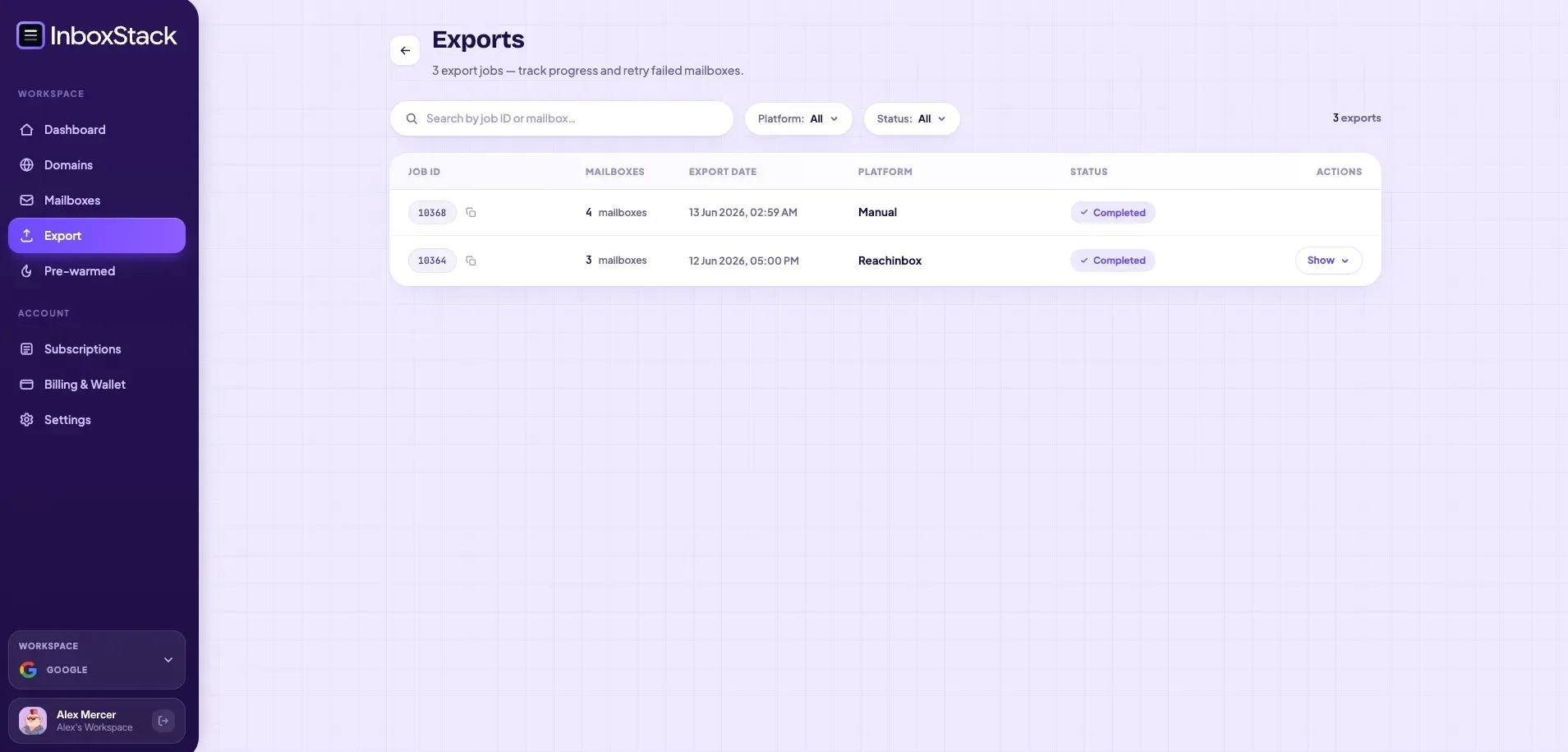 Exports screen listing export jobs by ID with mailbox counts, dates, destination platform and completed status