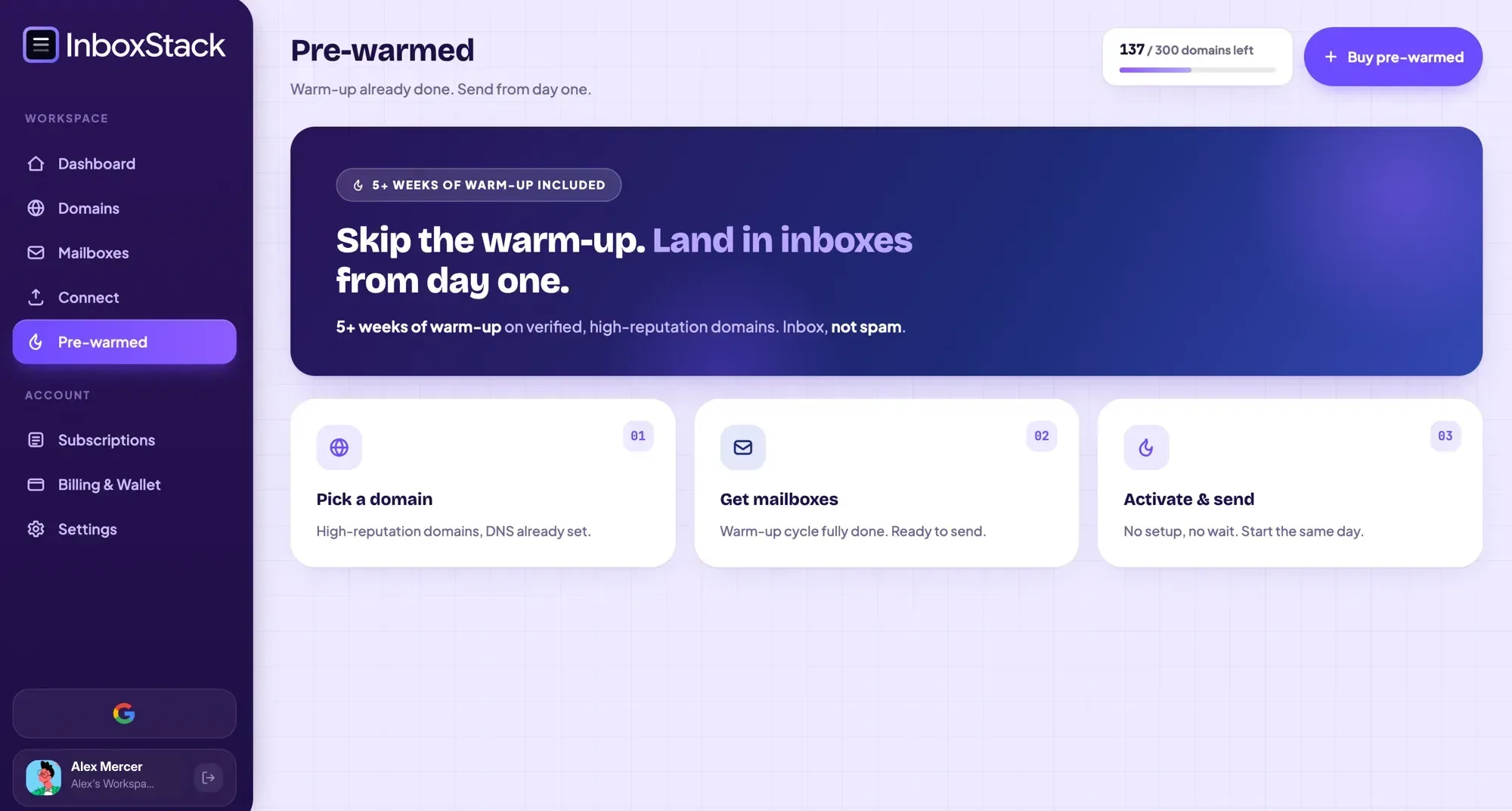 Pre-warmed screen with a dark gradient banner reading Skip the warm-up, land in inboxes from day one, above three numbered steps