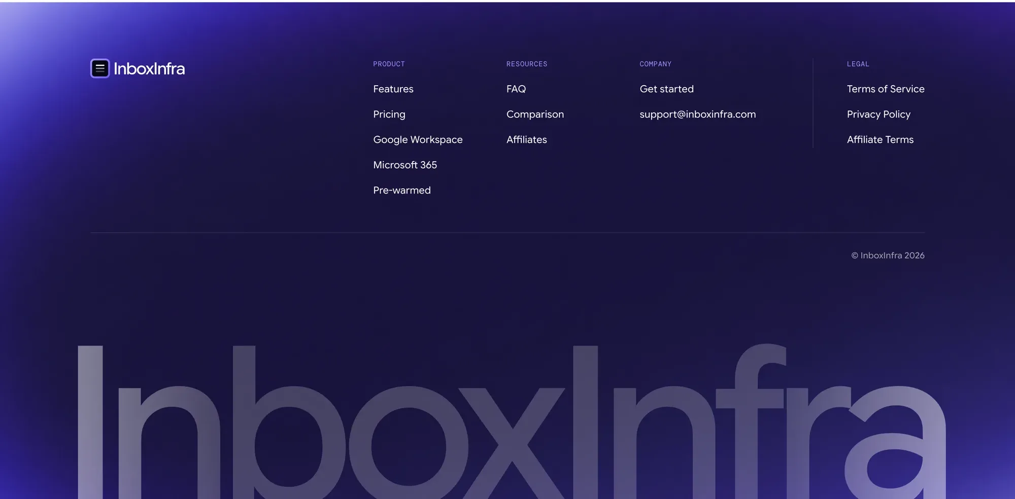 The site footer over a purple halo gradient: logo, four link columns for product, resources, company and legal, and the InboxInfra wordmark set huge and faded across the bottom
