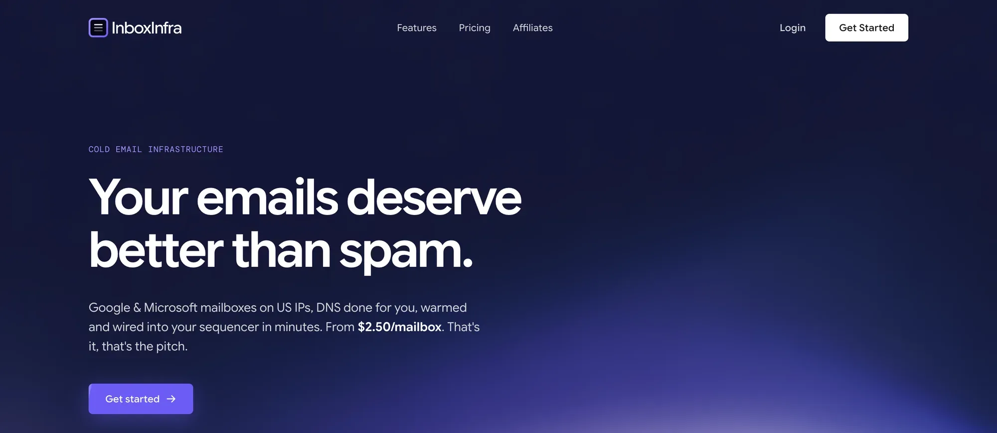 InboxInfra landing page hero on a deep navy field with a purple gradient bloom, a monospace COLD EMAIL INFRASTRUCTURE eyebrow, and the headline Your emails deserve better than spam