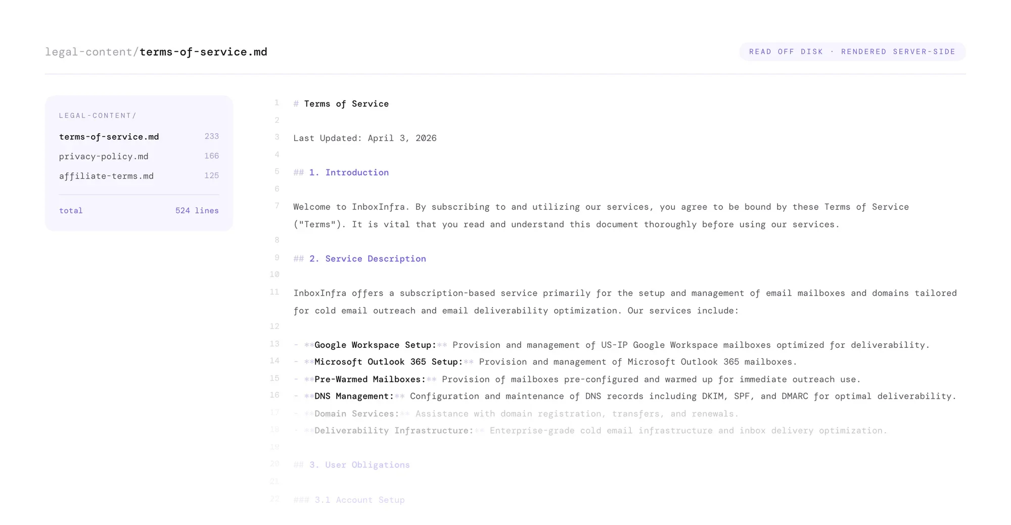The legal-content directory shown as a file list with line counts totalling 524, beside the raw markdown source of the terms of service with line numbers