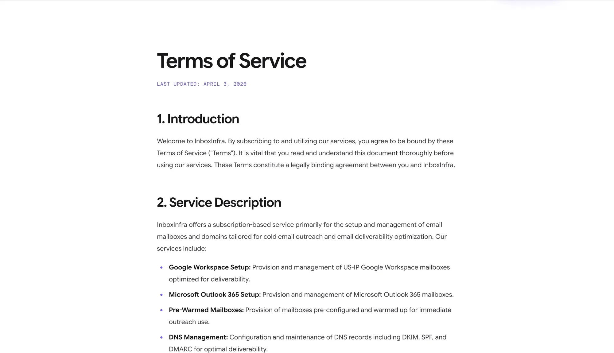 The same document rendered as a page: Terms of Service, a monospace last updated line, then numbered sections in the site's own type