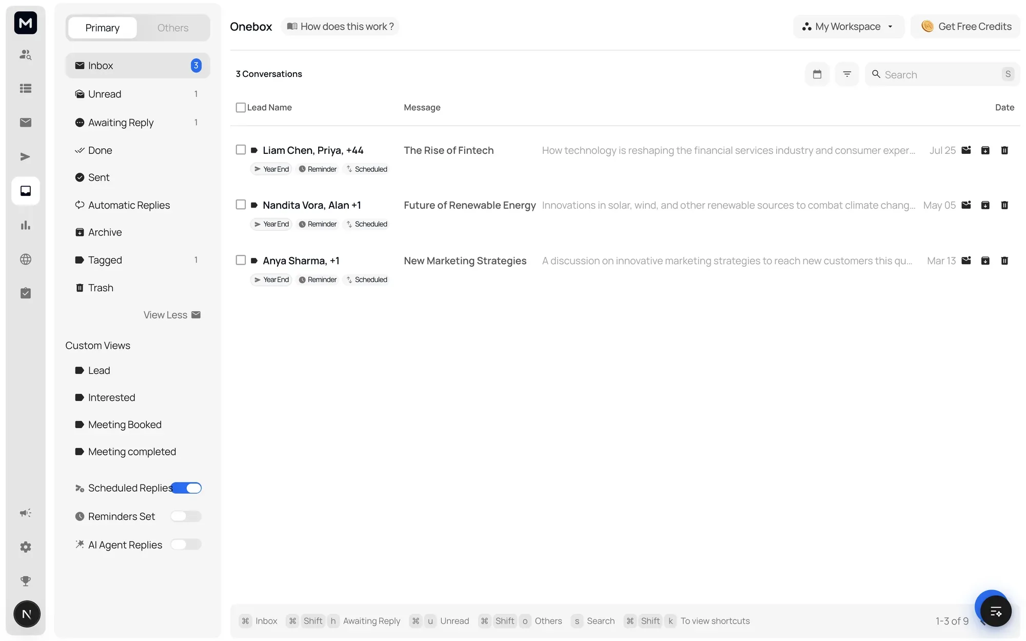 The rebuilt Onebox: inbox, unread, awaiting reply, done and sent as first-class folders, custom views and tags beneath them, and a keyboard shortcut bar along the bottom