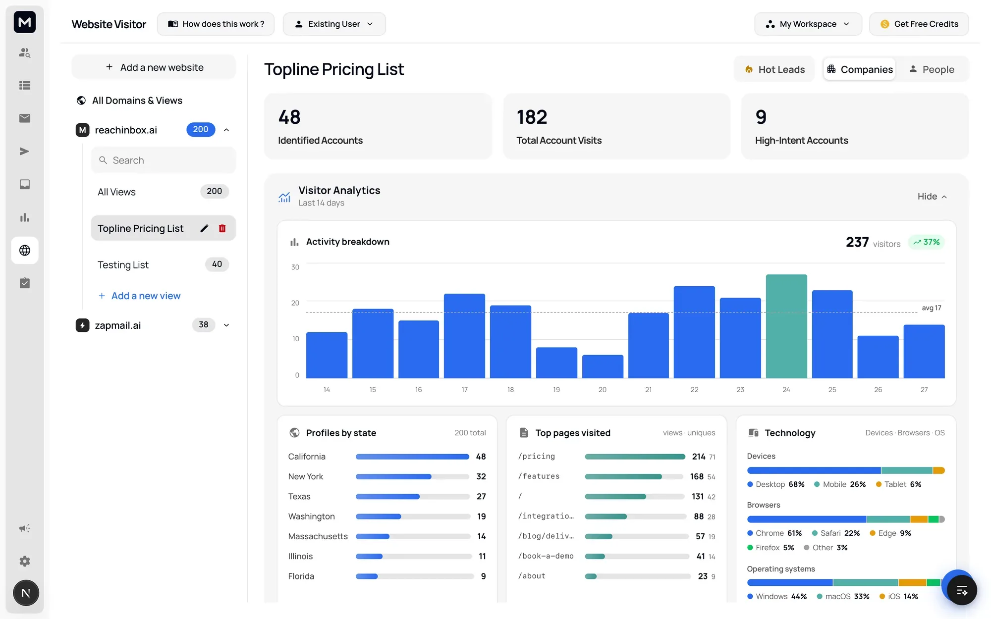 Website Visitor: identified accounts, total visits and high-intent accounts above an activity chart, profiles by state, top pages visited and a technology breakdown