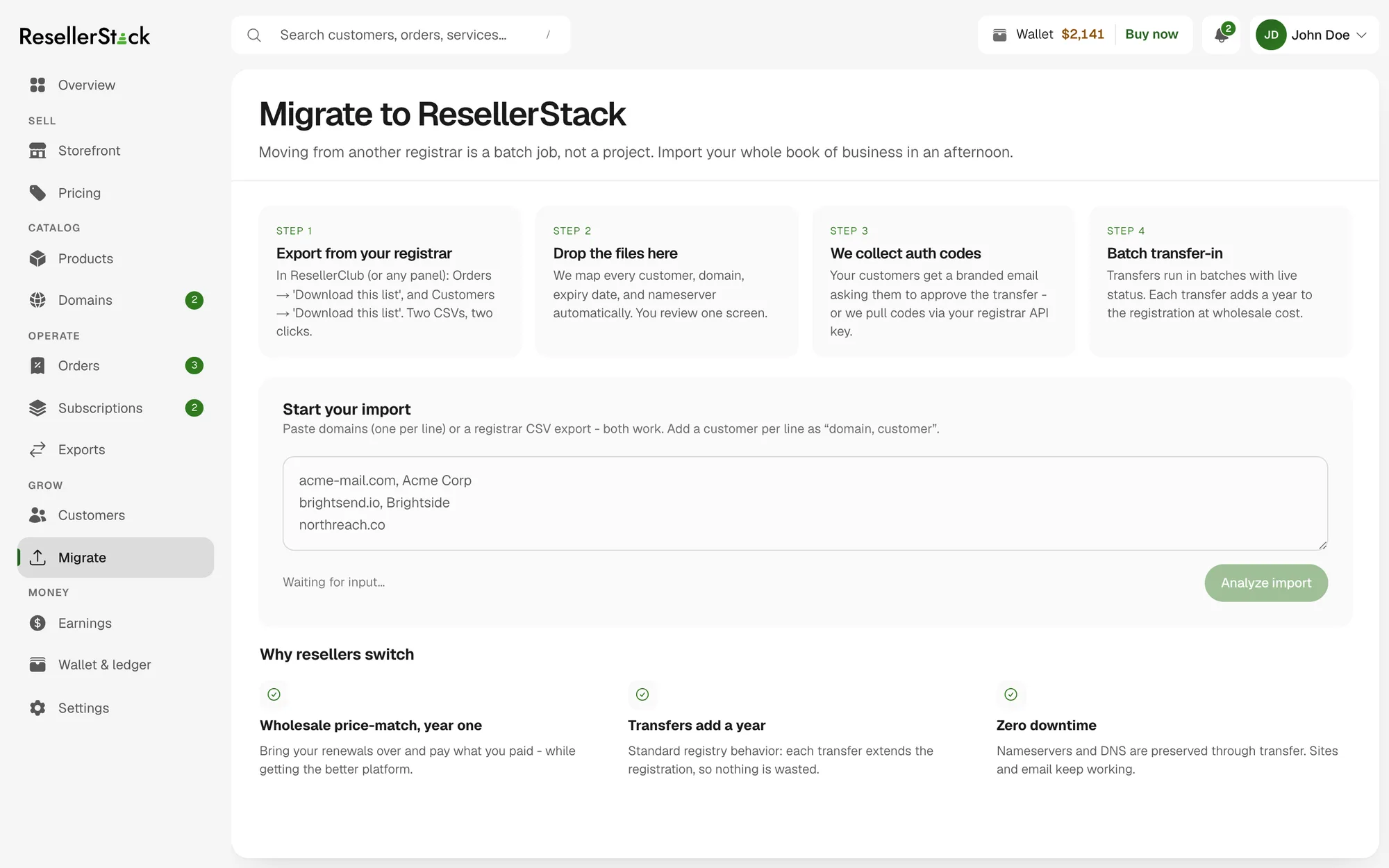 The Migrate screen: four numbered steps from exporting at your old registrar through auth codes to batch transfer-in, with a box for pasting domains or a registrar CSV export