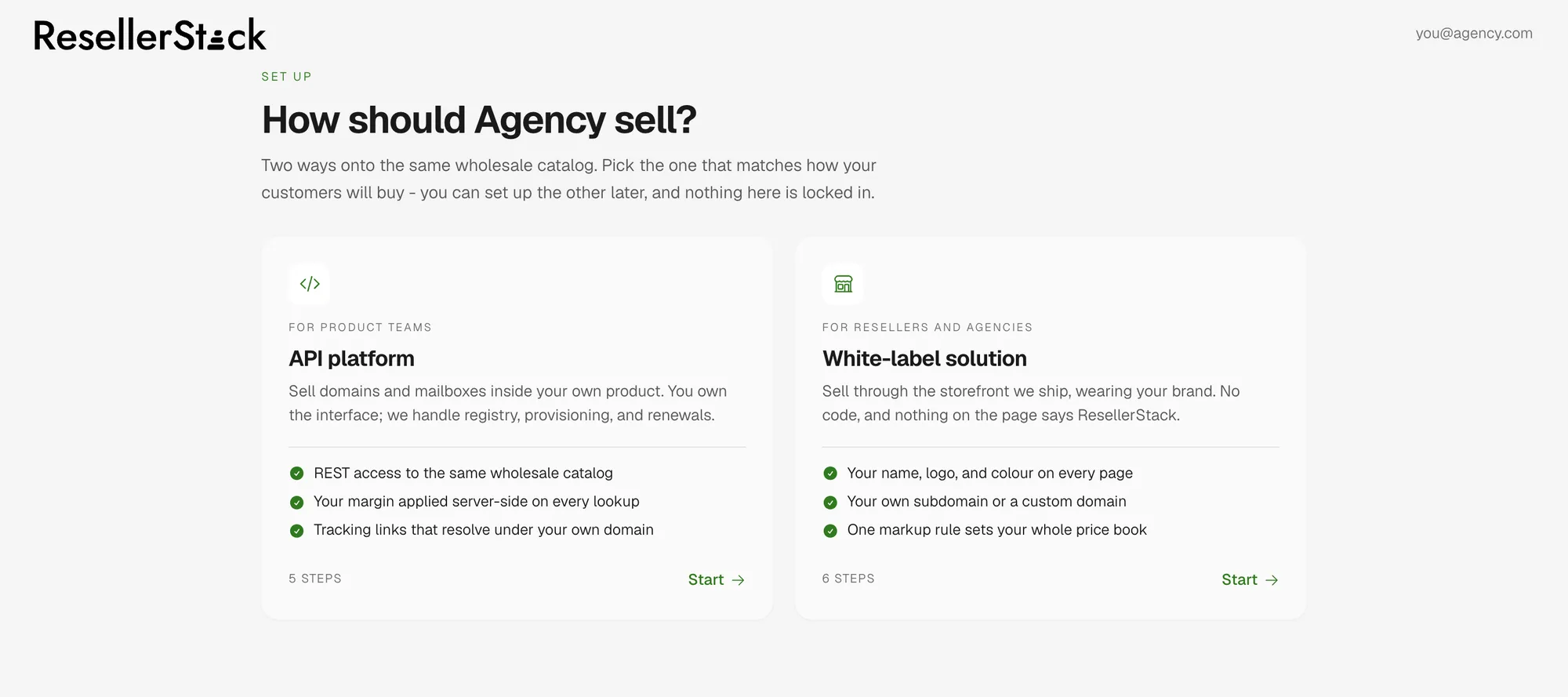 The setup fork after signup, headed 'How should Agency sell?', offering an API platform track for product teams and a white-label solution track for resellers and agencies, each listing what it gives you and how many steps it takes