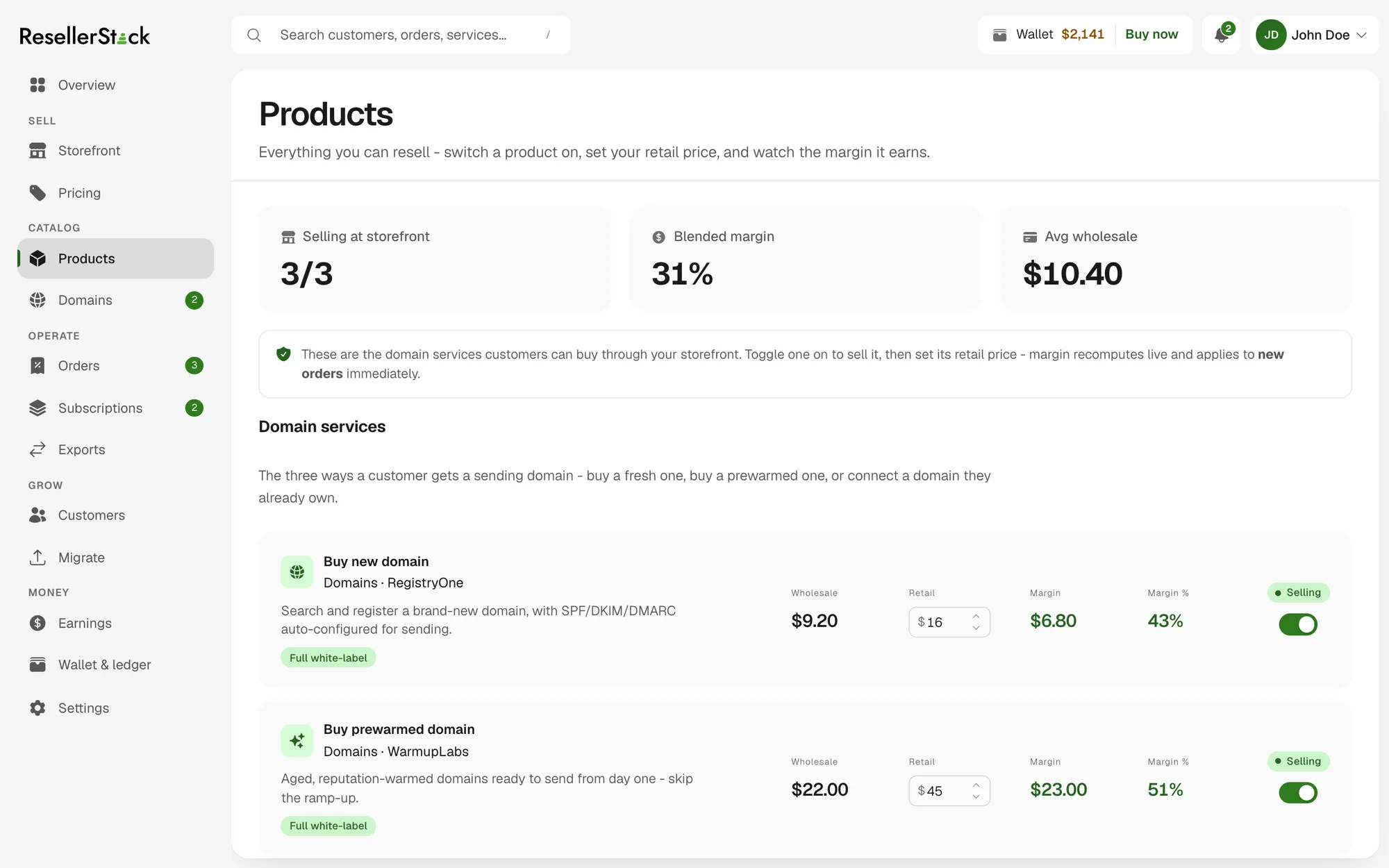 The Products screen: blended margin and average wholesale summarised at the top, then each resellable service with its wholesale cost, an editable retail price, the resulting margin and margin percentage, and a switch to sell it