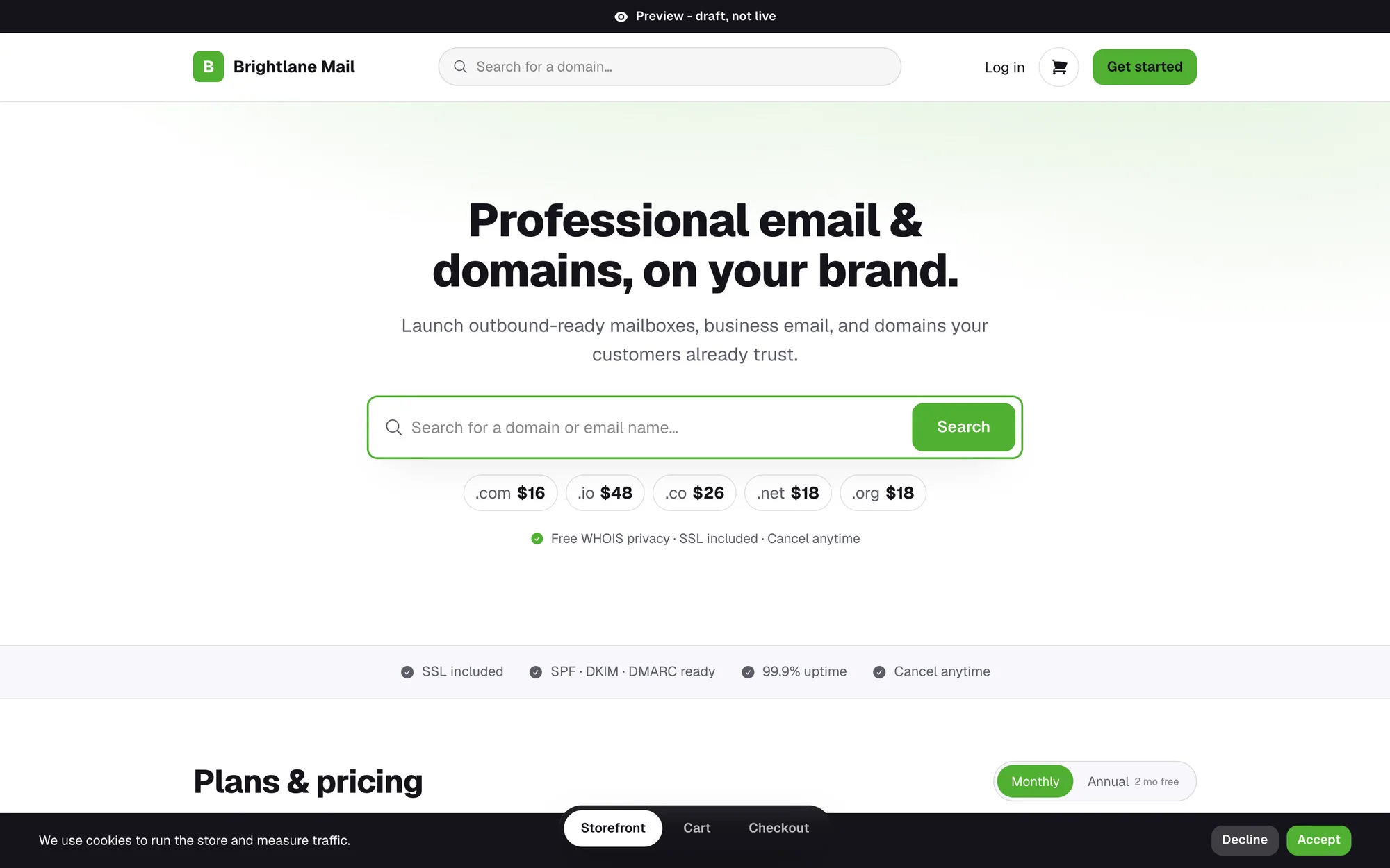 The customer-facing storefront rendered at the preview route under a reseller's own brand: domain search, per-TLD price chips, trust badges and a plans and pricing section, with a draft banner and a storefront/cart/checkout switcher