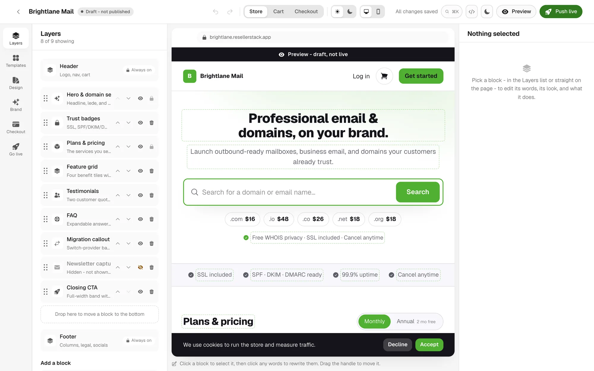 The storefront studio: a layers list of the store's blocks on the left, the live storefront canvas in the middle with each editable region outlined, and a properties panel on the right, under a top bar offering store, cart and checkout views plus preview and push live