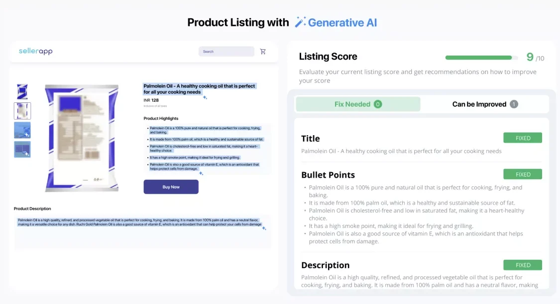 Product Listing with Generative AI — a SellerApp storefront preview on the left and a Listing Score panel on the right showing 9 out of 10, with Fix Needed and Can be Improved tabs and per-field status chips on title, bullet points and description