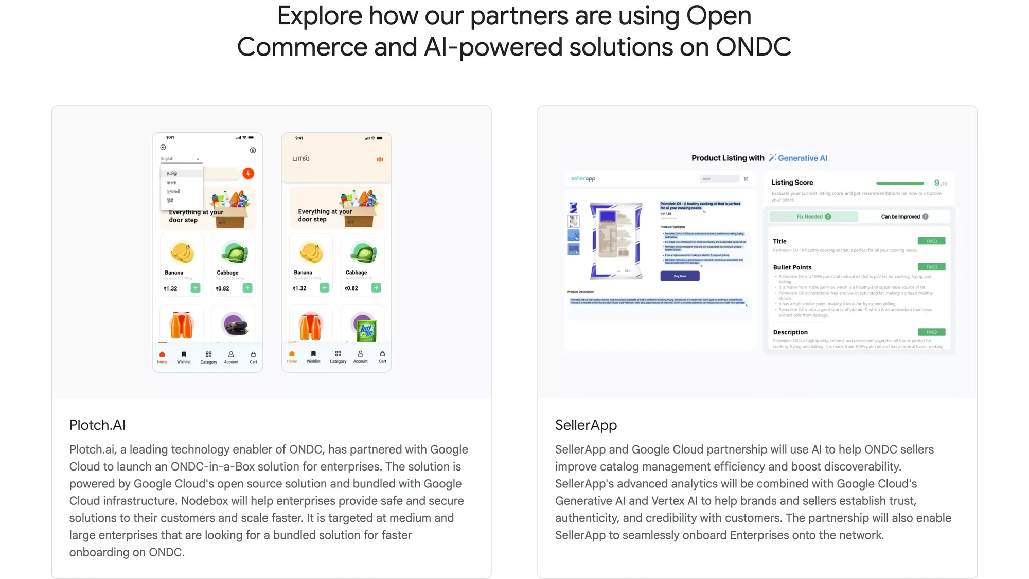Google's Open Commerce partner case studies section, with Plotch.AI on the left and SellerApp on the right, describing how SellerApp's analytics combine with Google Cloud's generative AI and Vertex AI for ONDC sellers