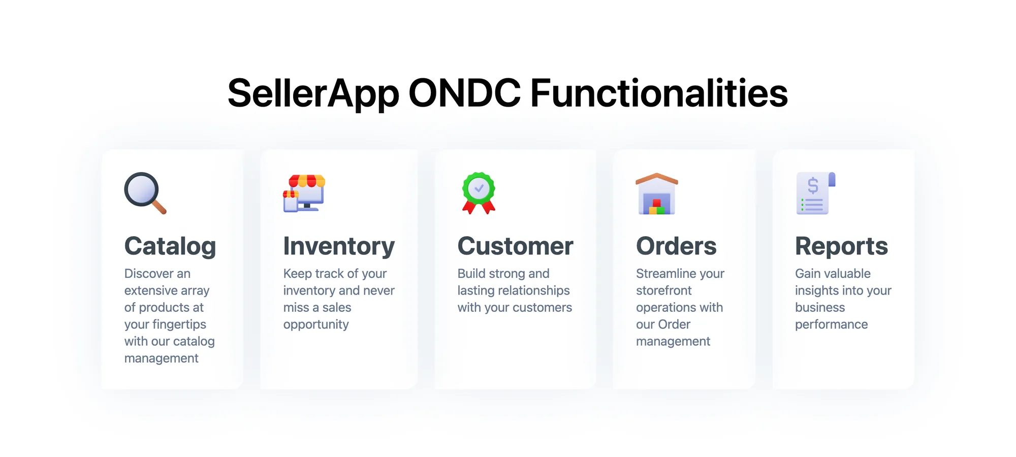 SellerApp ONDC Functionalities — five product cards named Catalog, Inventory, Customer, Orders and Reports