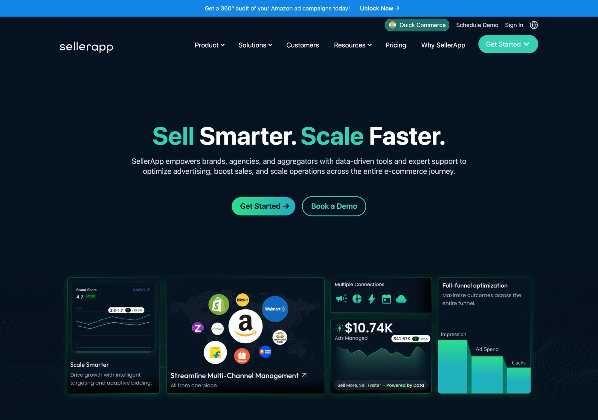 The sellerapp.com homepage: a Sell Smarter, Scale Faster hero above a bento row of product fragments — brand share chart, multi-channel marketplace map, connections panel, ads-managed figure and a full-funnel bar chart.