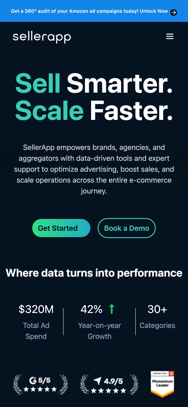 The homepage at a 414 pixel viewport: stacked hero, wrapped headline, full-width buttons and the stat row reflowed to three narrow columns.