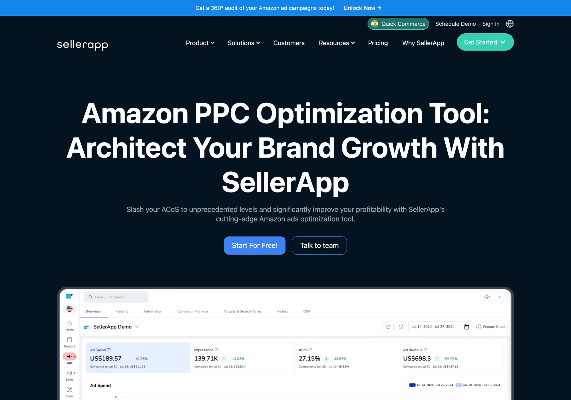 The Amazon PPC tool page built from the same kit: centred hero, two-button call to action, and the ads workspace framed in a browser shell below.