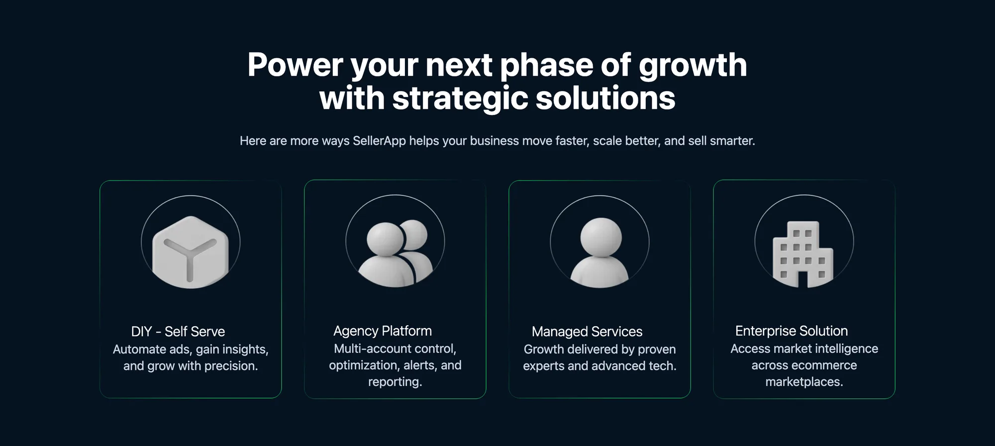 The solutions section: four bordered cards for DIY Self Serve, Agency Platform, Managed Services and Enterprise Solution.
