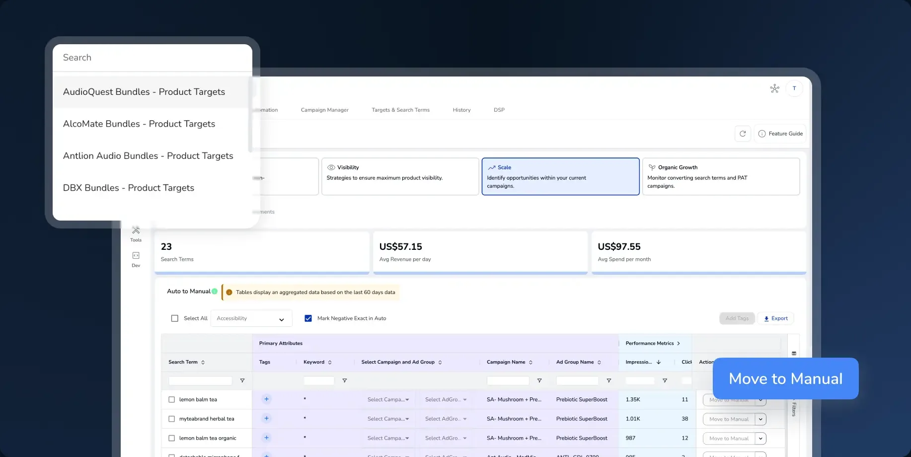 Targets and Search Terms: an account search overlay listing product-target campaigns, a negative search terms table with mark-negative controls, and a Move to Manual action on qualifying keywords.