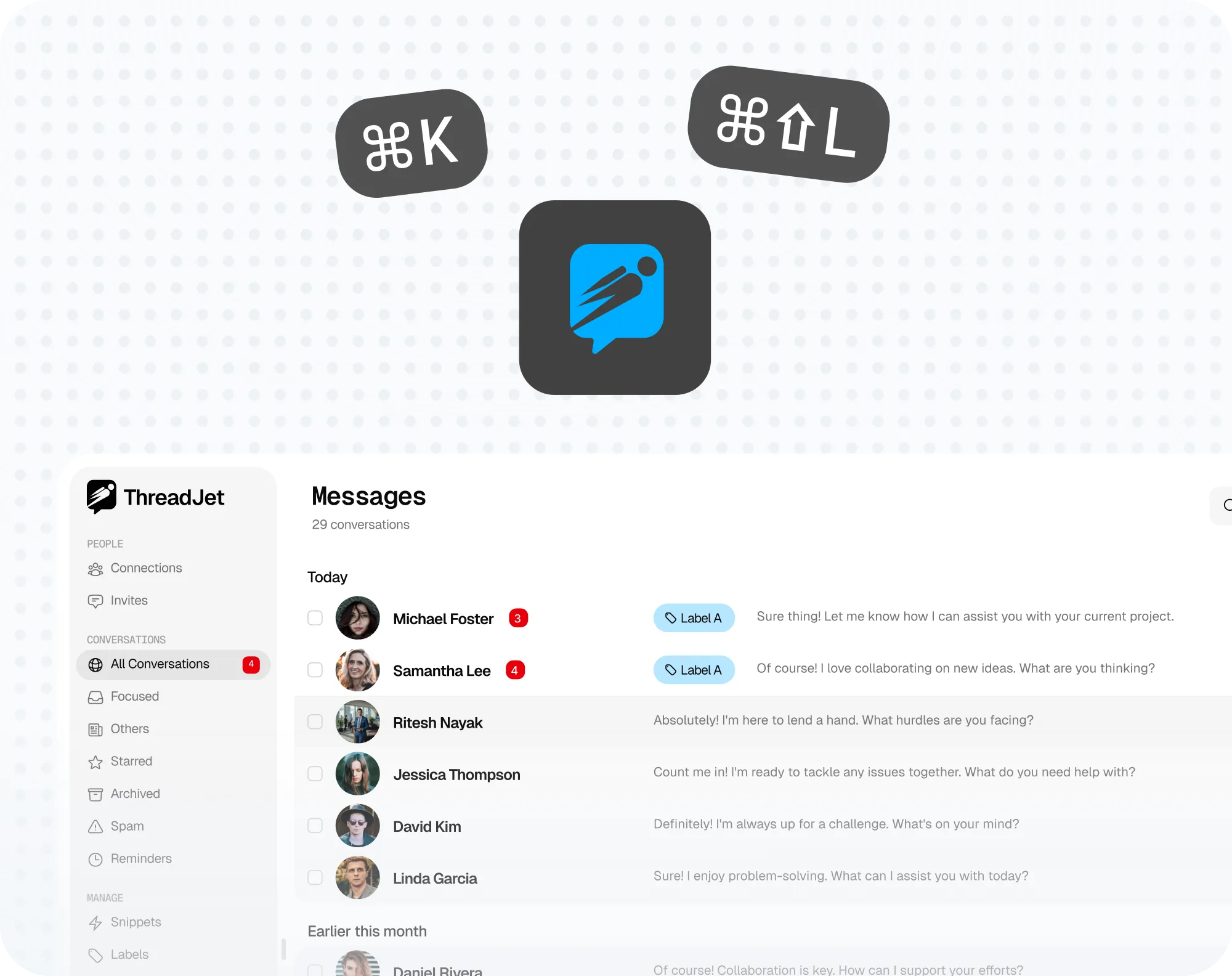 The ThreadJet conversation list with Command-K and Command-Shift-L key caps and the app icon floating above it, over a dotted backdrop.