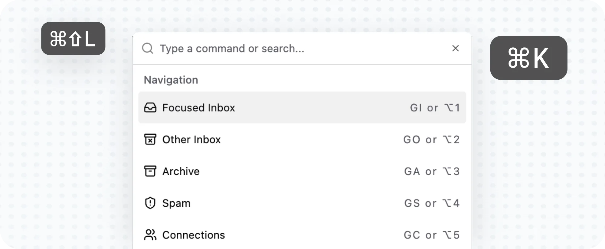 ThreadJet's command palette open over the inbox, listing Focused Inbox, Other Inbox, Archive, Spam and Connections, each with its G-key and option-number shortcut.