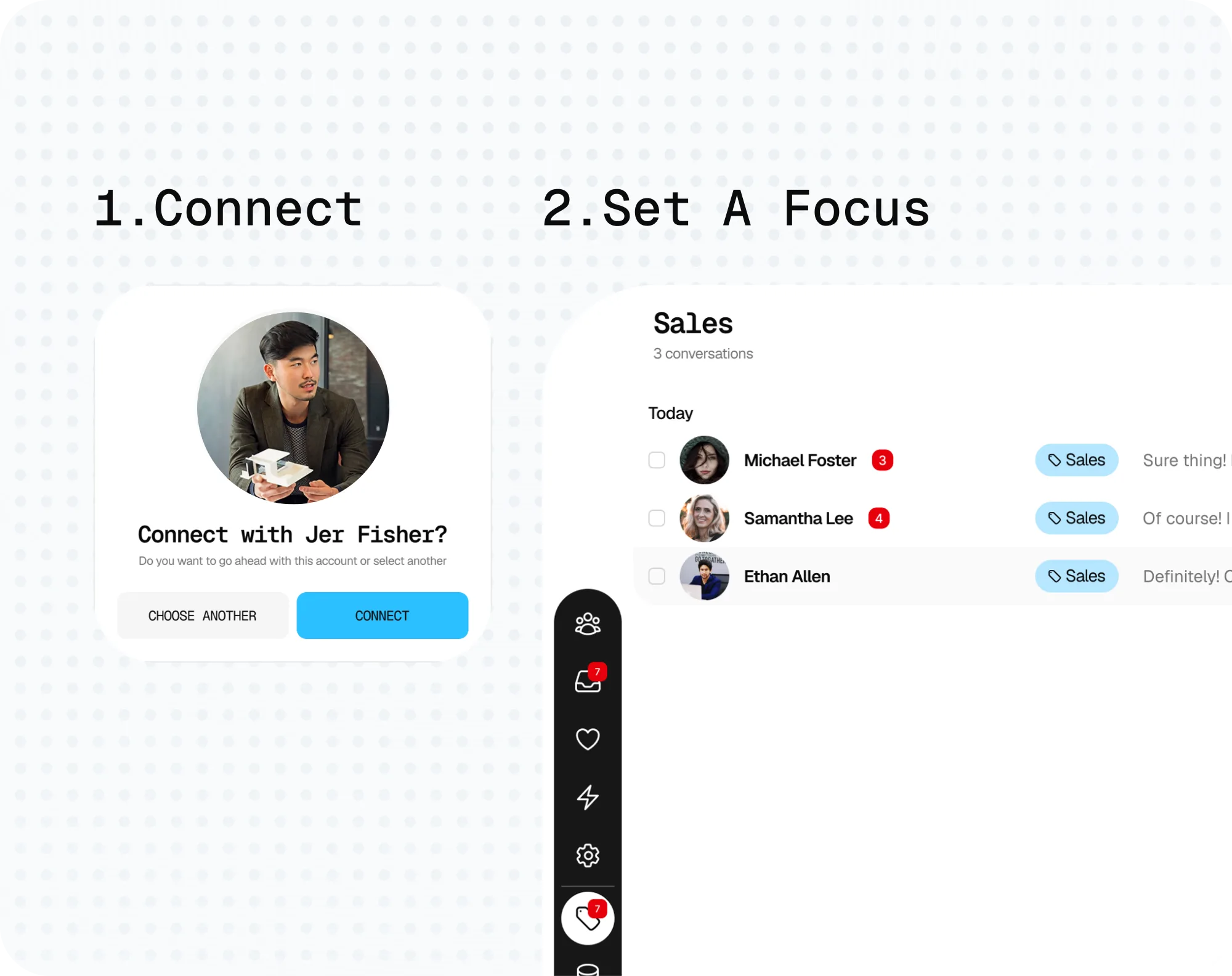 Two setup steps side by side: a Connect card confirming which LinkedIn account to link, and a focused Sales view showing three conversations already labelled and counted.