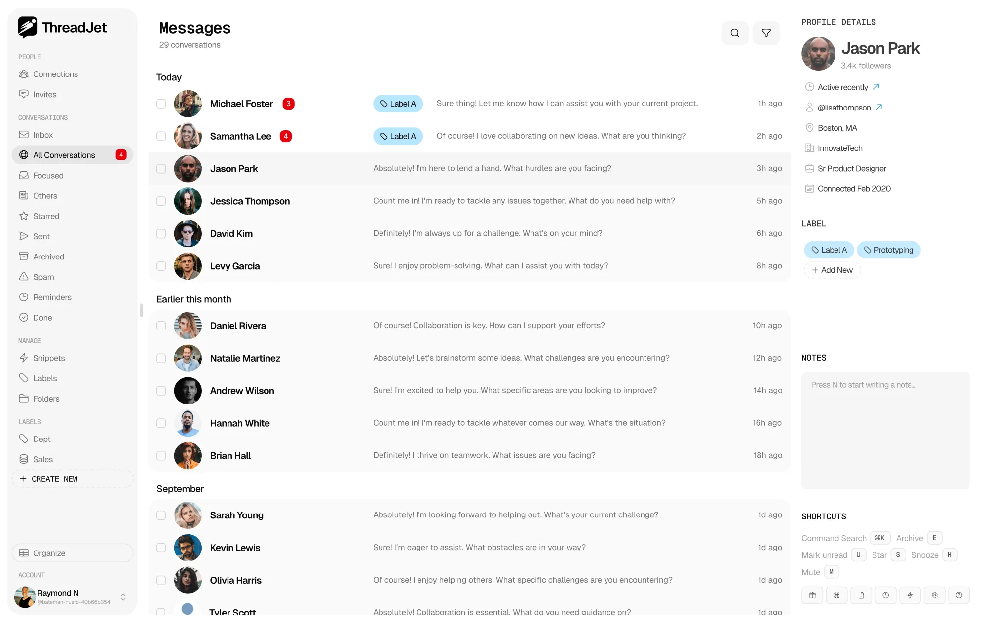 The ThreadJet inbox: a left sidebar of Focused, Others, Starred, Sent, Archived, Reminders and Done, twenty-nine conversations grouped by recency in the centre, and a right rail carrying profile details, labels, notes and a keyboard shortcut legend.