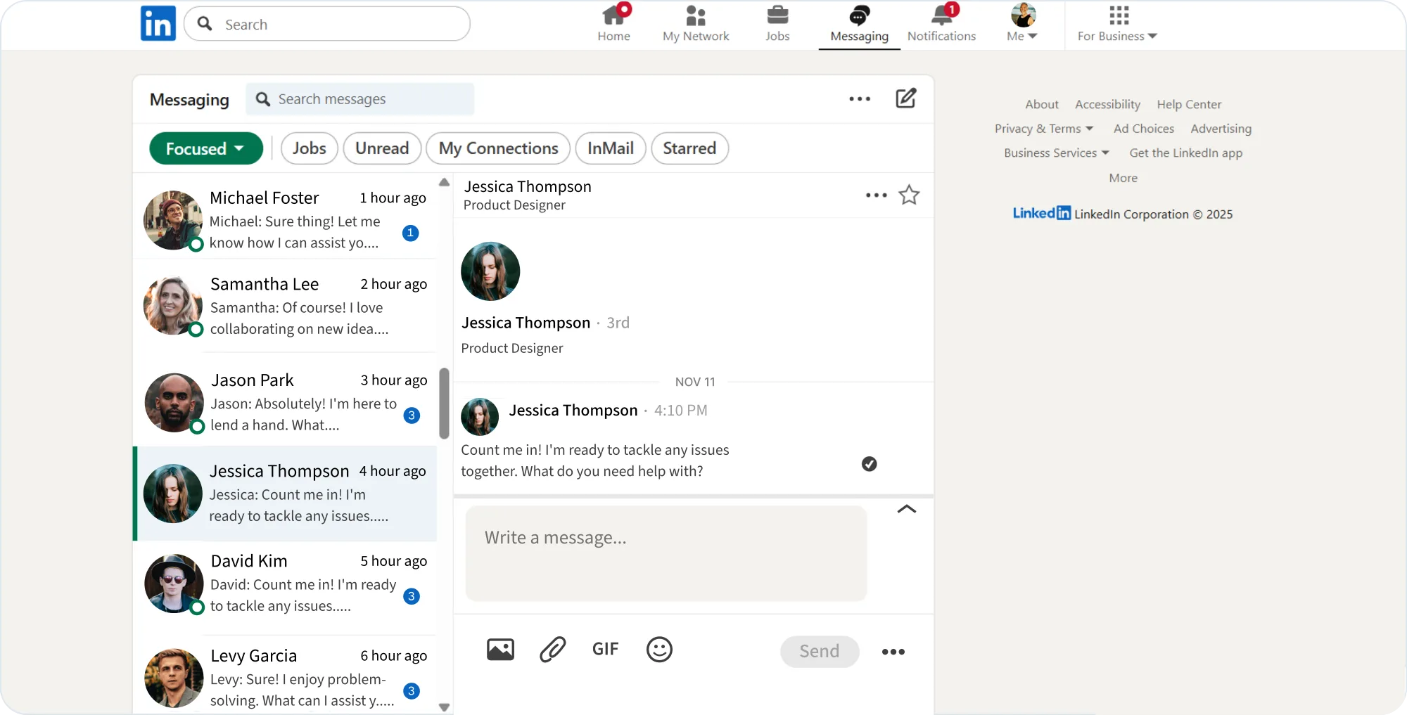 LinkedIn's native messaging: a Focused/Other filter row over a single narrow thread column, a reading pane and a message box, with no keyboard affordances anywhere on screen.