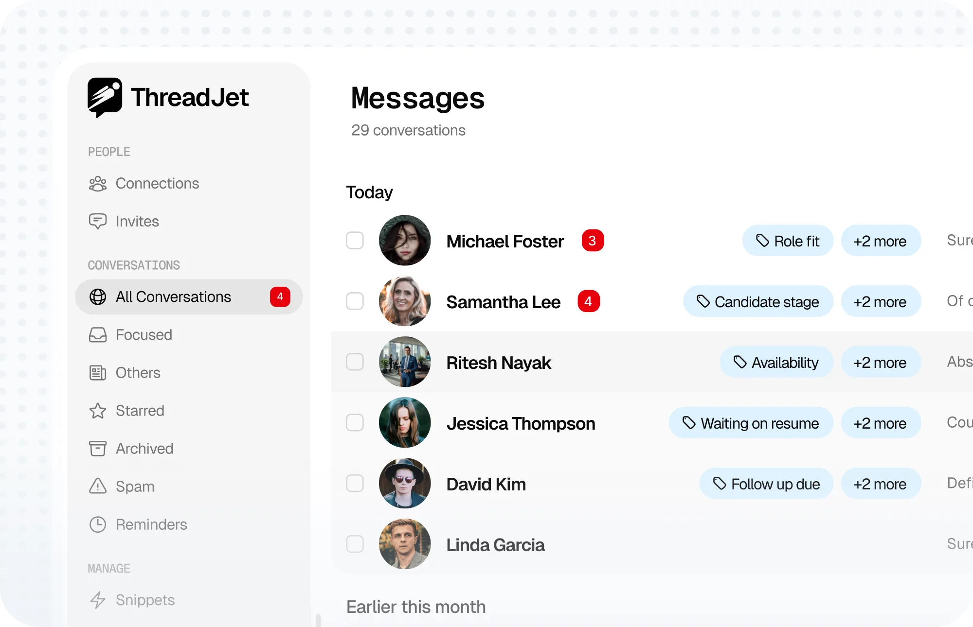 The conversation list tagged for a recruiter: Role fit, Candidate stage, Availability, Waiting on resume and Follow up due, each row with a plus-two-more chip.