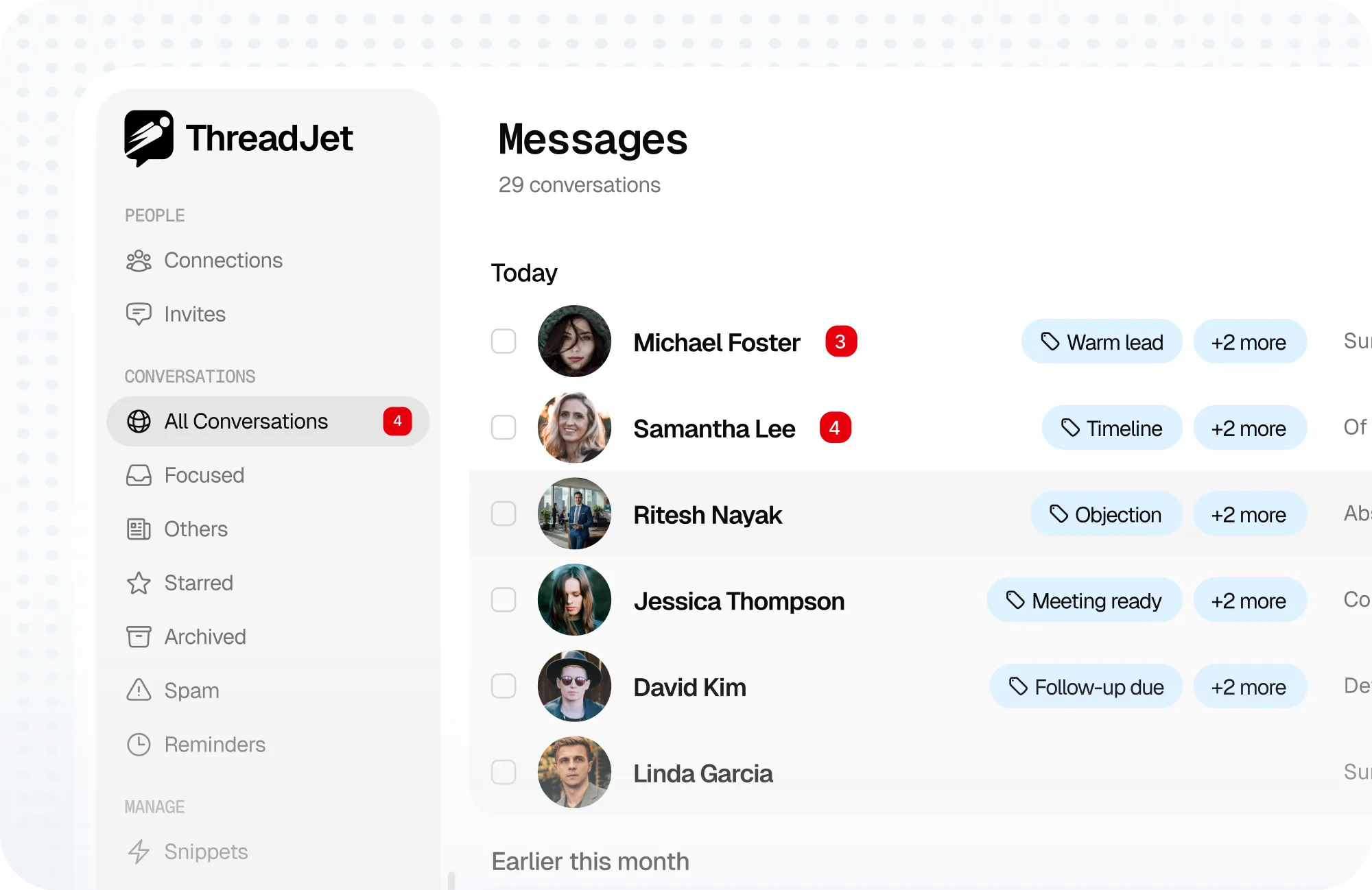 The same conversation list tagged for a sales inbox: Warm lead, Timeline, Objection, Meeting ready and Follow-up due.