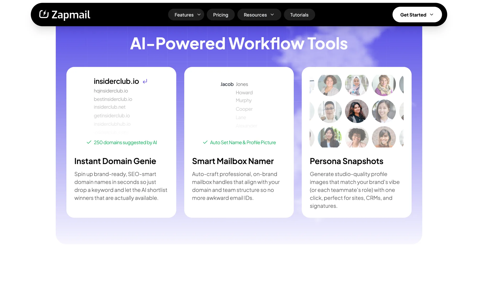The AI workflow tools row: Instant Domain Genie listing AI-suggested available domains, Smart Mailbox Namer generating on-brand handles, and Persona Snapshots generating profile images.
