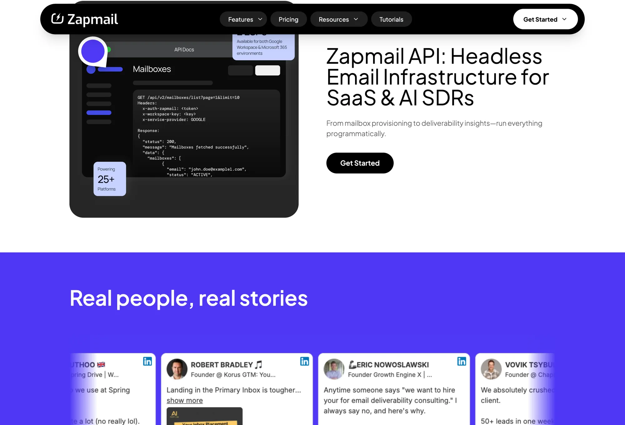 The Zapmail API section: a dark API docs panel showing a GET /api/v2/mailboxes request with auth headers and its JSON response, beside the headless email infrastructure headline.