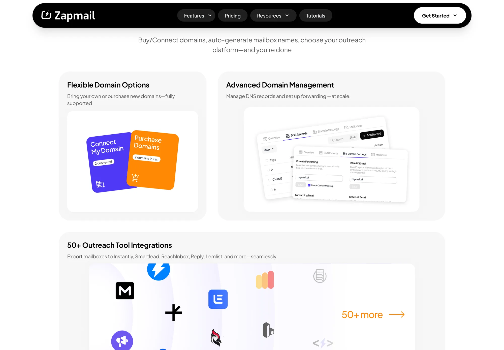 The Built for Scale feature grid: cards for flexible domain options, advanced domain management showing DNS records, forwarding and DMARC panels, and a card for 50+ outreach tool integrations.