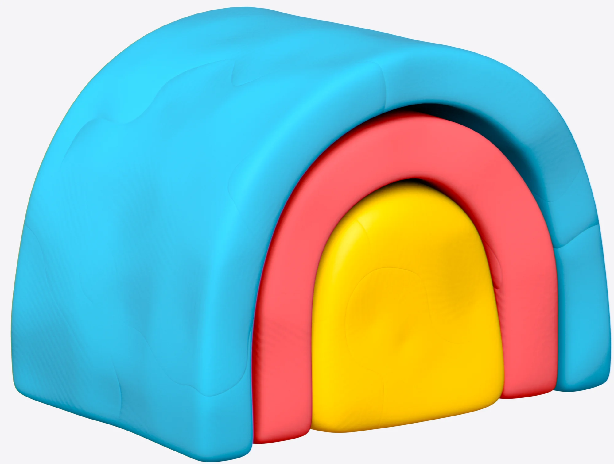 The clay-rendered kiln used as the warm-up object, three nested arches in blue, red and yellow.