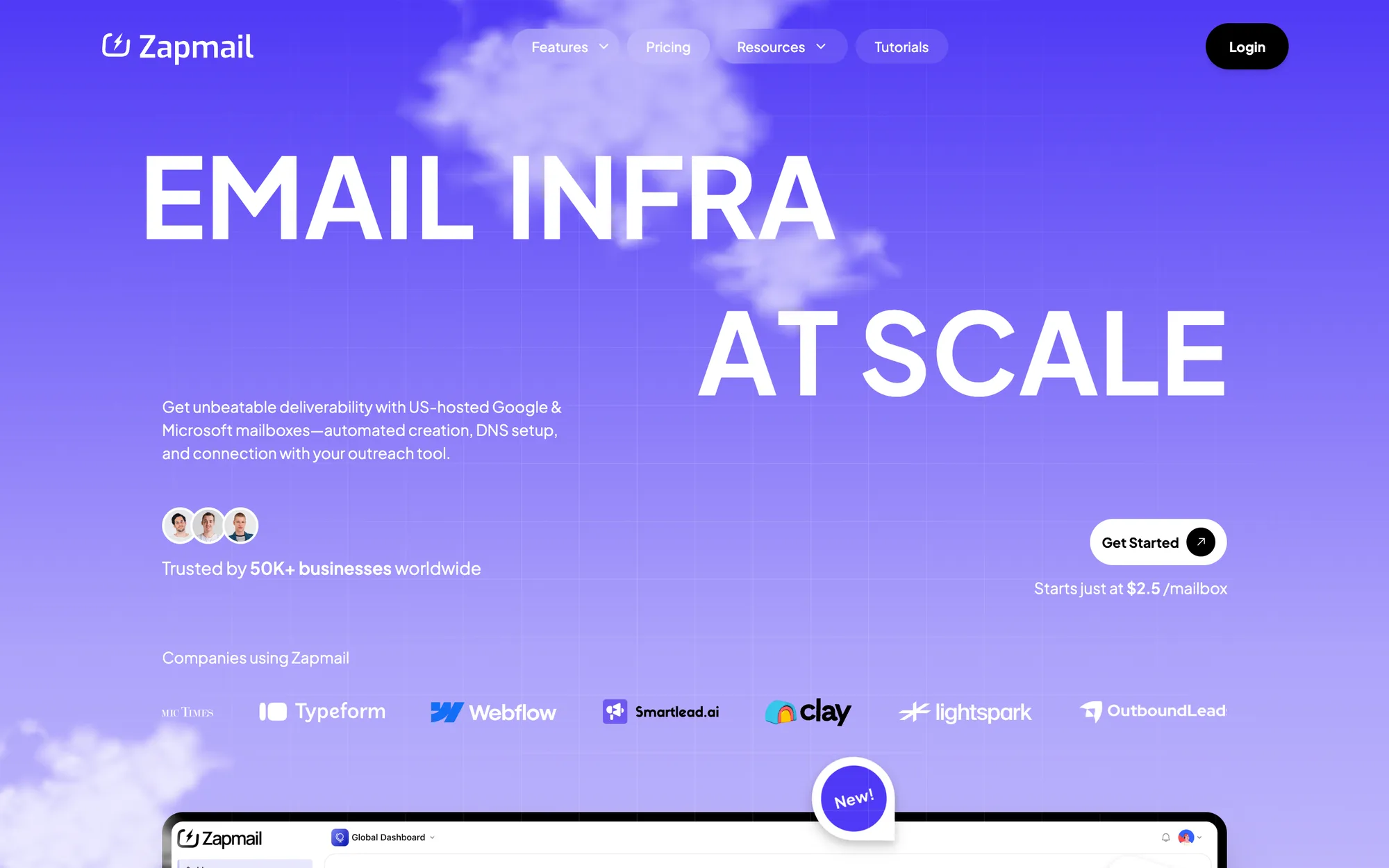 Zapmail's homepage hero: EMAIL INFRA AT SCALE set in white over a purple, cloud-filled field, with a sub-line about US-hosted Google and Microsoft mailboxes and a row of customer logos below.