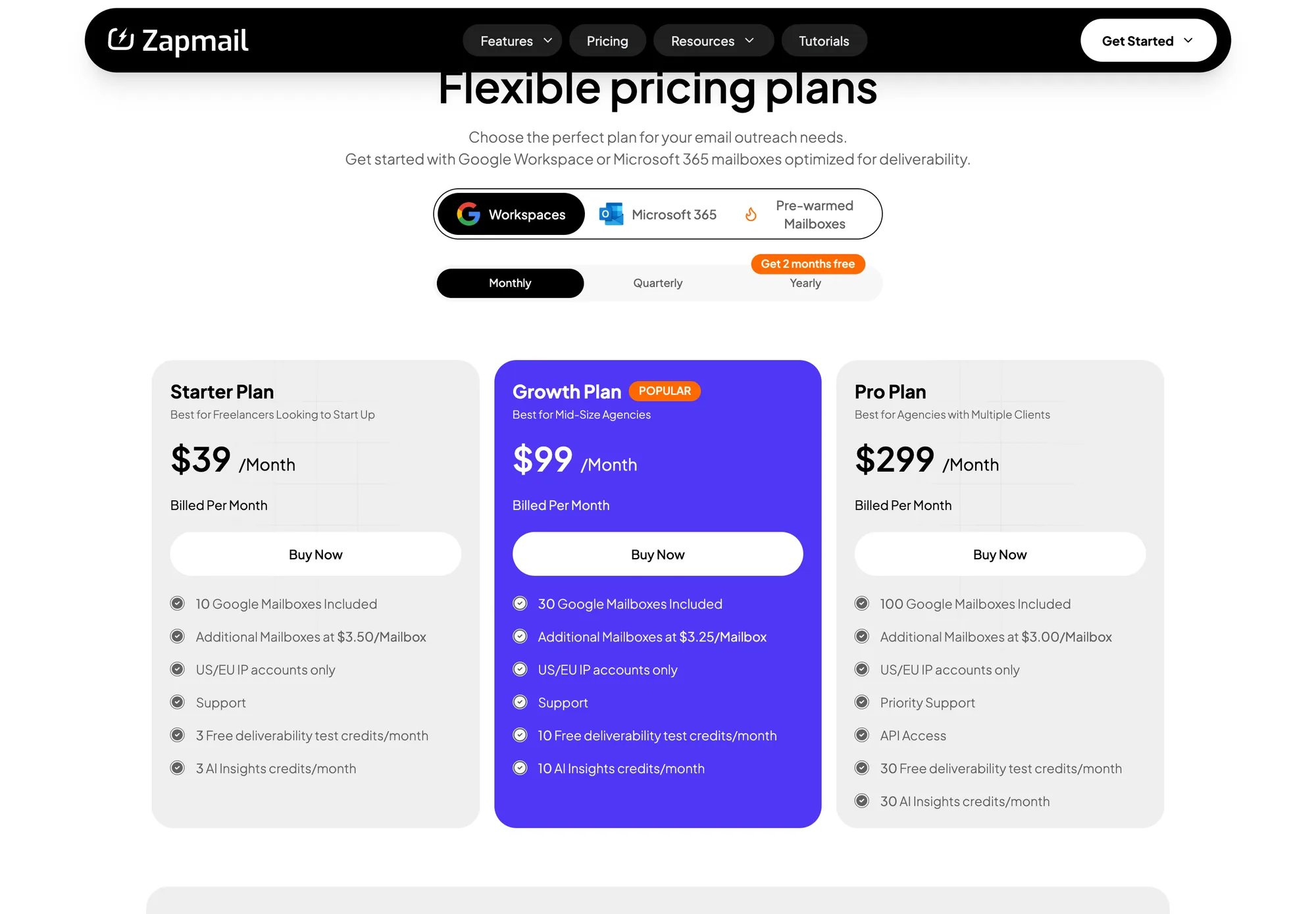 Pricing page with Google Workspace, Microsoft 365 and pre-warmed mailbox toggles above Starter, Growth and Pro plan cards listing included mailboxes, per-mailbox rates and credits.